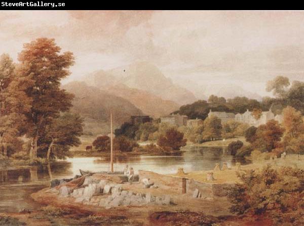 Ramsay Richard Reinagle A Slate Wharf,with the Village of Clappersgate and Coniston Fells,near the Head of Windermere-Forenoon (mk47)